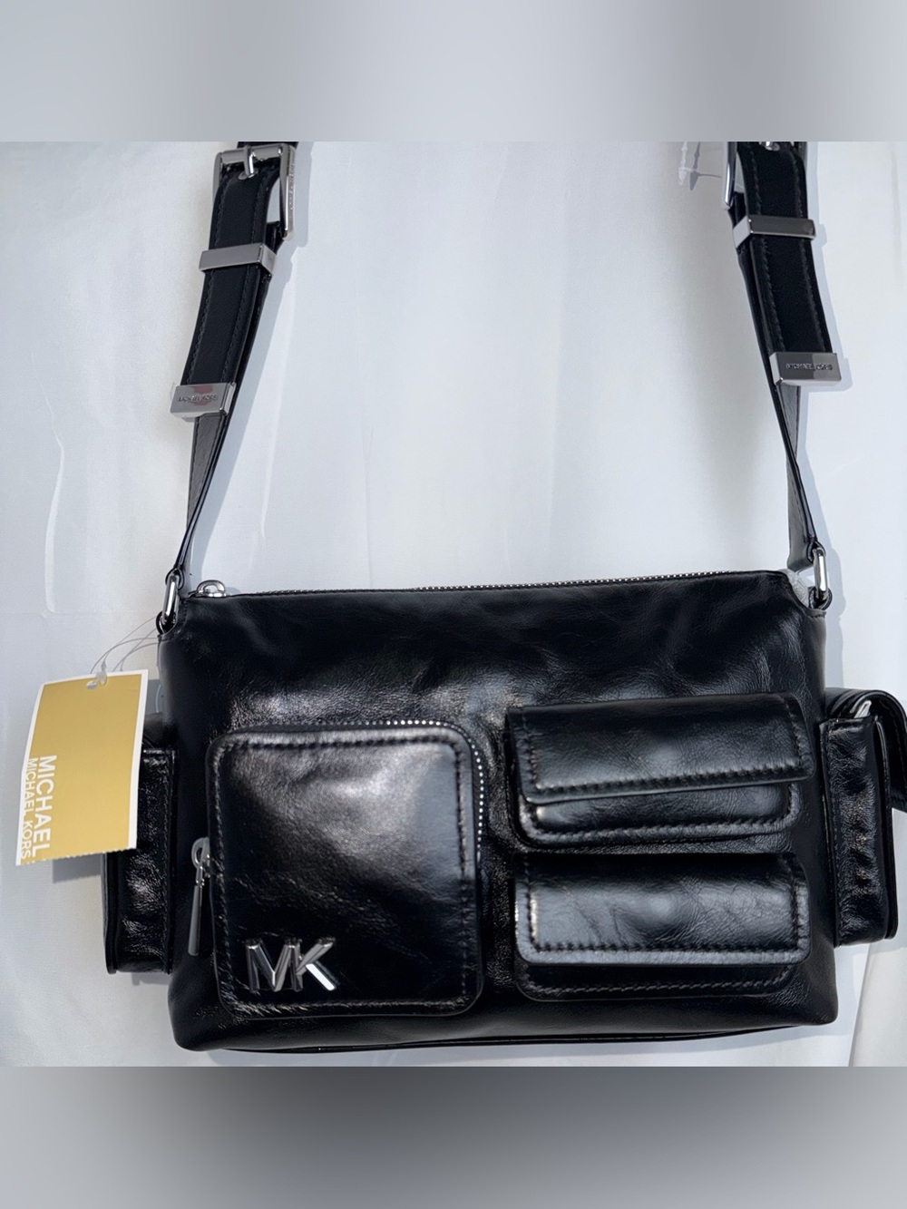 Michael Kors Black Leather Messenger Bag with Front Pocket Details